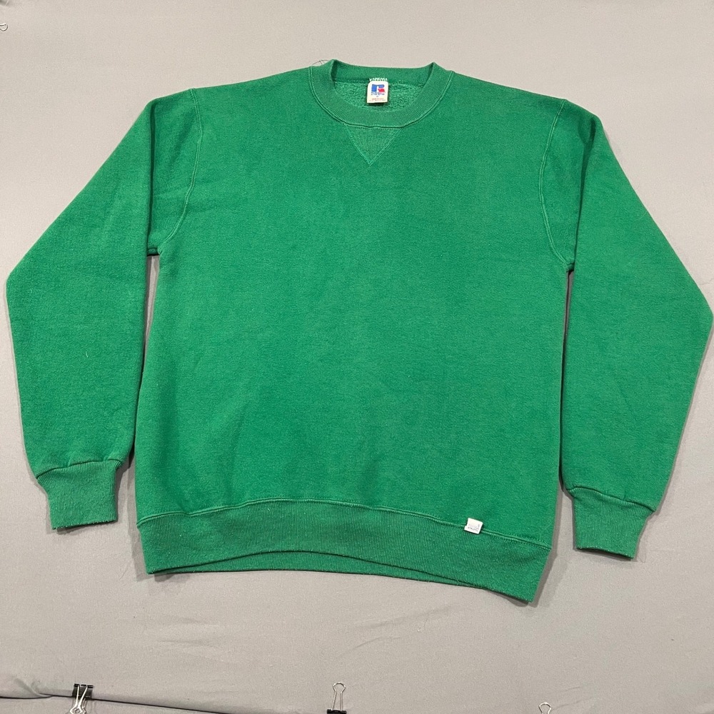 Vintage Russell Athletic Sweatshirt Green Made in USA Crewneck Medium V-Stitch